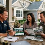 consultation - Three people sit at an outdoor table reviewing brochures and a tablet with a home exterior, in front of a suburban house; a contractor wears a navy polo with H&H logos.