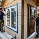 h and h installation - Two construction workers install a window and a front door on a suburban home under renovation.